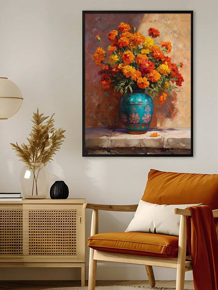Warm terracotta canvas with a small flying hummingbird above a neutral sofa