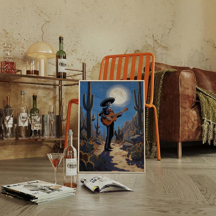 Framed skeleton mariachi guitarist canvas poster beneath a full moon among desert cacti in a warm wood interior