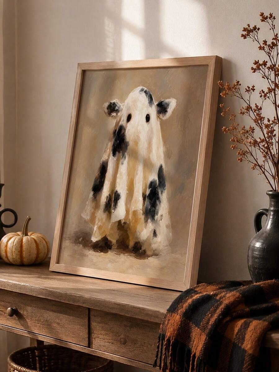 Whimsical Funny Ghost Cow Christmas & Halloween Farmhouse Canvas Poster 