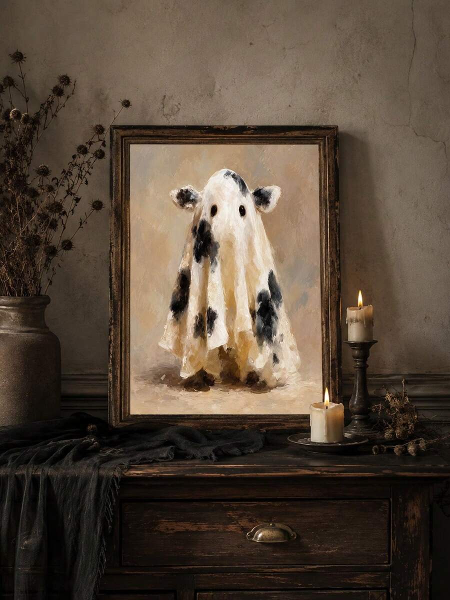 Whimsical Funny Ghost Cow Christmas & Halloween Farmhouse Canvas Poster 
