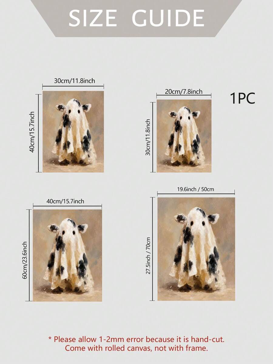 Add farmhouse charm with a funny Ghost Cow Canvas Poster, featuring whimsical holiday wall art for Halloween, Christmas, kitchens, and cozy country homes.