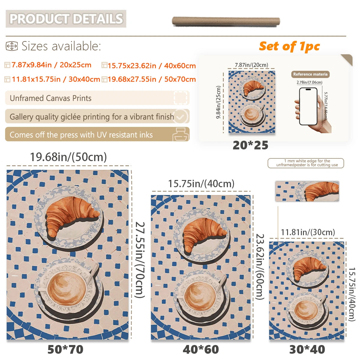 Canvas size guide for croissant and coffee artwork in several dimensions