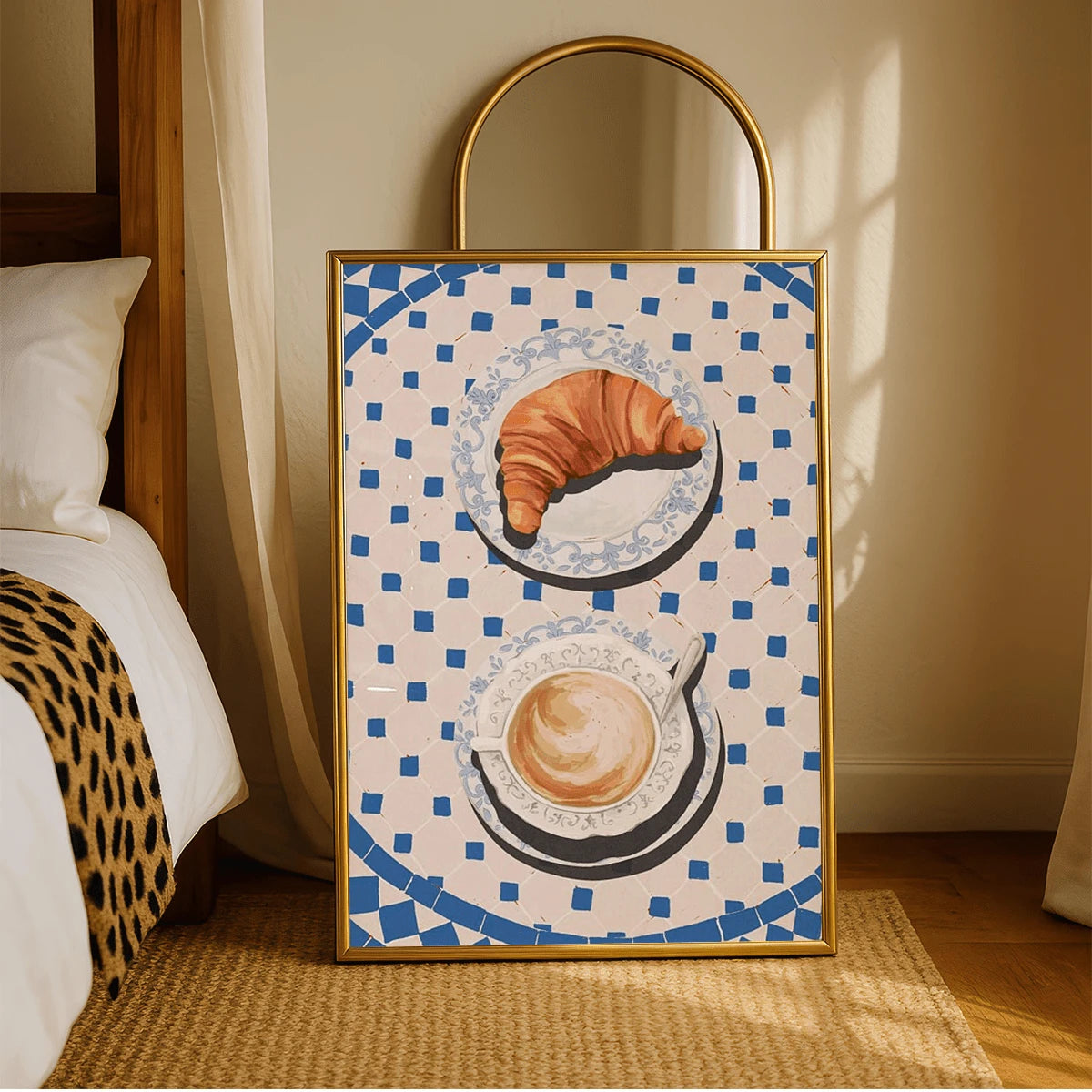 Breakfast still life canvas styled in a warm dining room with gallery art