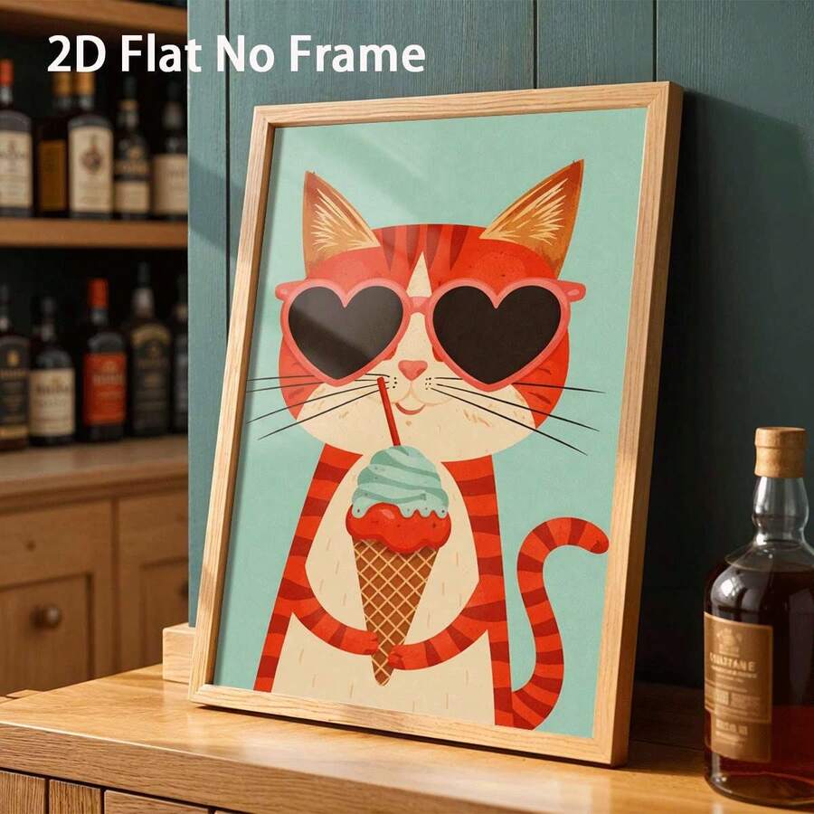 2D Flat Cute Cat Ice Cream Vintage Cartoon Style Canvas Poster