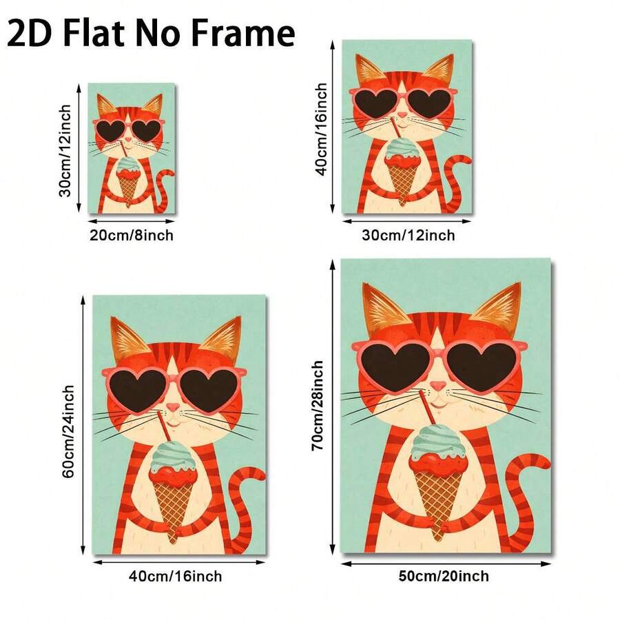 2D Flat Cute Cat Ice Cream Vintage Cartoon Style Canvas Poster