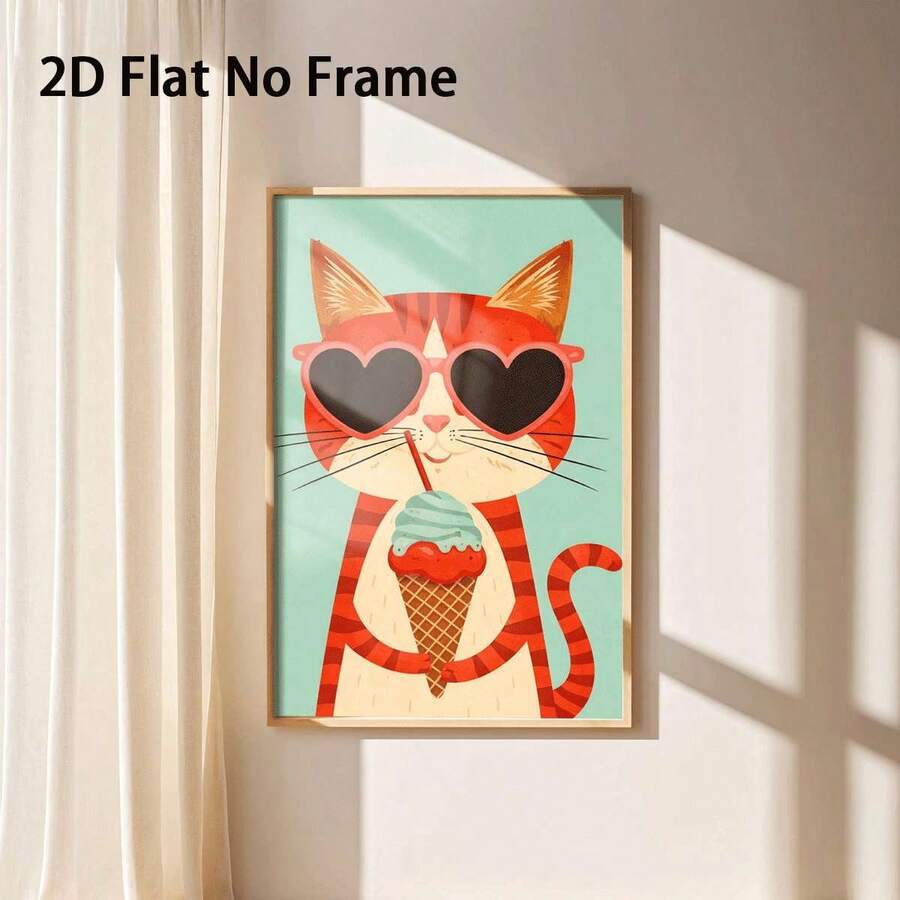 2D Flat Cute Cat Ice Cream Vintage Cartoon Style Canvas Poster