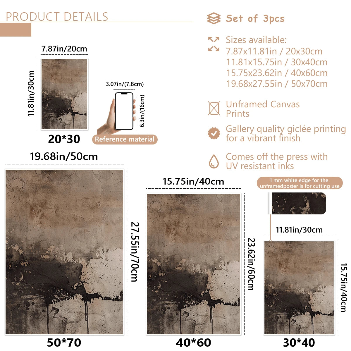 Size guide for three-piece neutral abstract canvas poster set