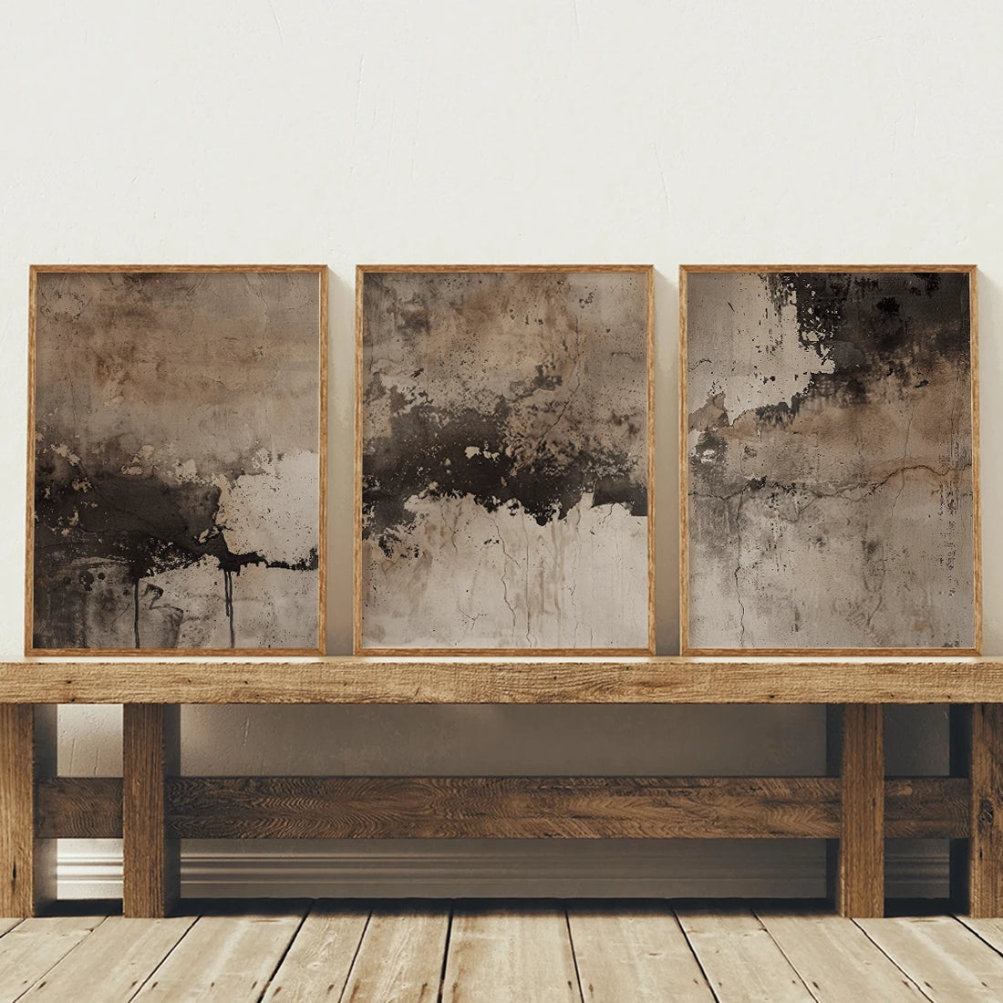 Three framed wabi-sabi abstract canvas posters in beige brown and charcoal