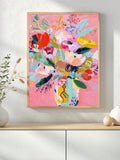 Colorful abstract flower vase canvas poster displayed in a dining room