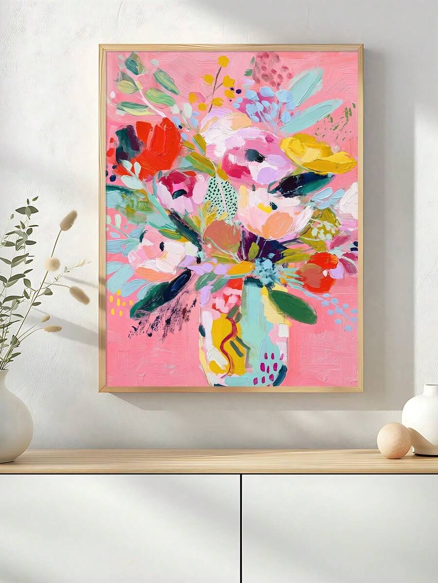 Colorful abstract flower vase canvas poster displayed in a dining room