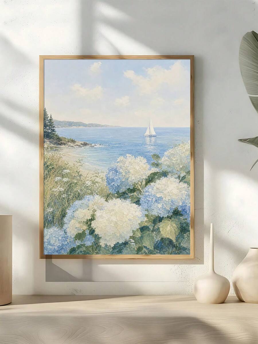 Hydrangea and sailboat coastal canvas print in a light wood frame