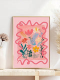 Pink botanical canvas poster with colorful flowers and coral hand-drawn border