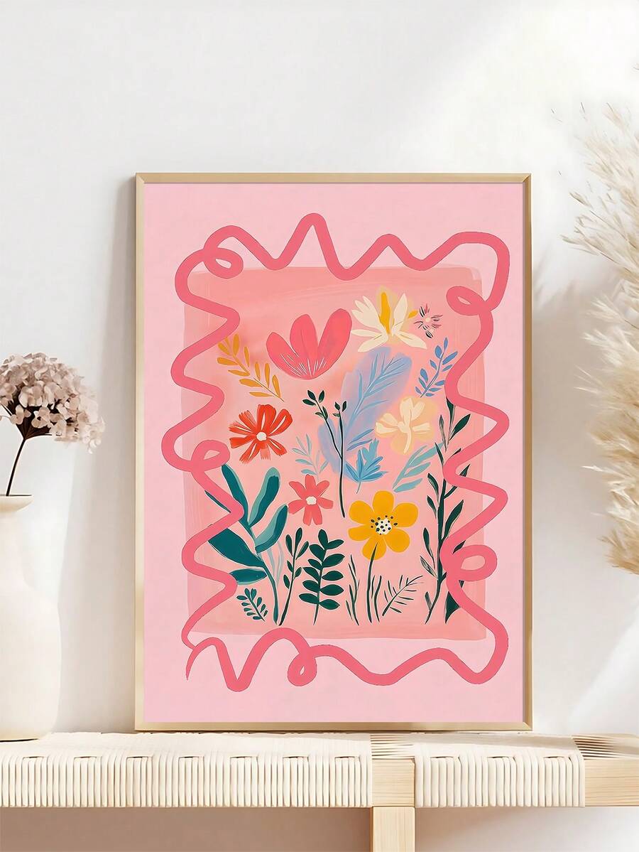 Pink botanical canvas poster with colorful flowers and coral hand-drawn border