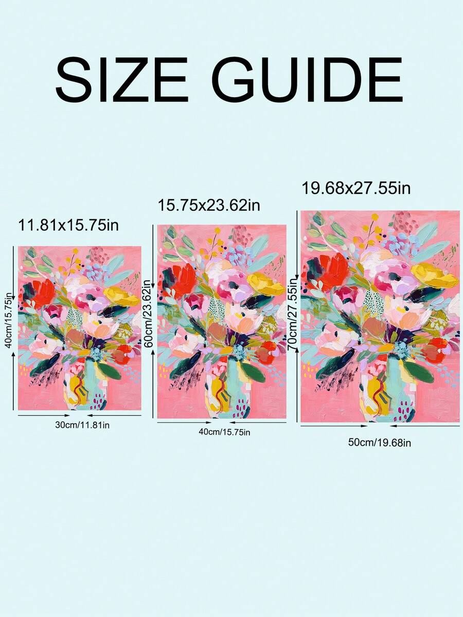 Canvas poster size guide showing 30 by 40 cm, 40 by 60 cm, and 50 by 70 cm