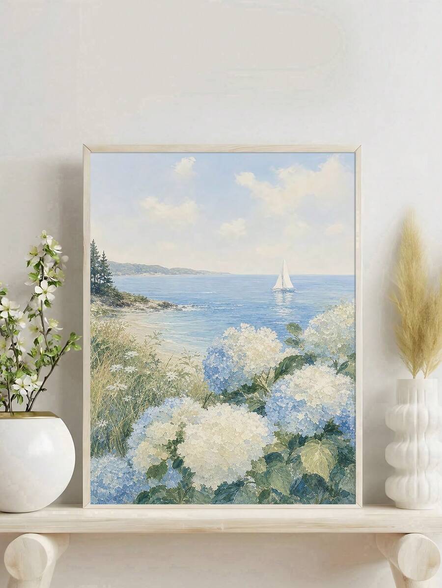 Hydrangea coastal sailboat seascape canvas poster in light wood frame