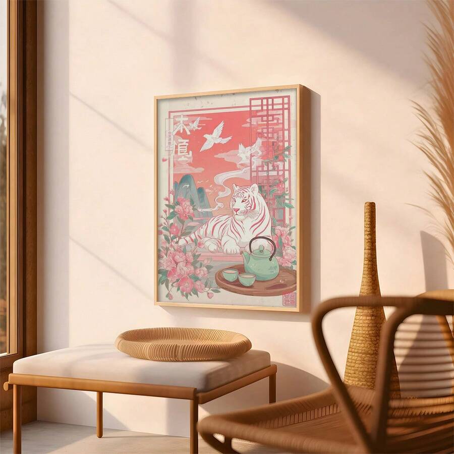 Framed cherry blossom and white tiger artwork hanging in a softly lit living room above a bench