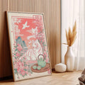 Cherry blossom tiger wall art leaning against a warm vertical wood slat wall beside a vase