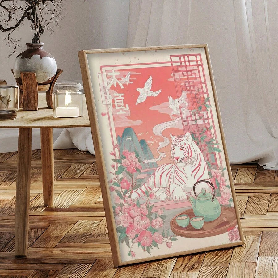 Pink tiger and blossom canvas poster displayed on a low wooden table in a bright neutral room