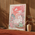 Cherry blossom tiger canvas poster styled against a dark wood slat wall beside a potted plant