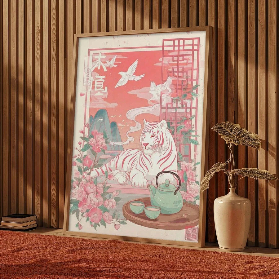Cherry blossom tiger canvas poster styled against a dark wood slat wall beside a potted plant
