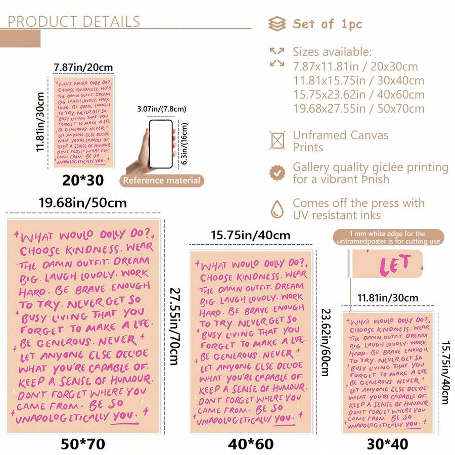 Canvas details showing quote artwork, dimensions, and unframed print features