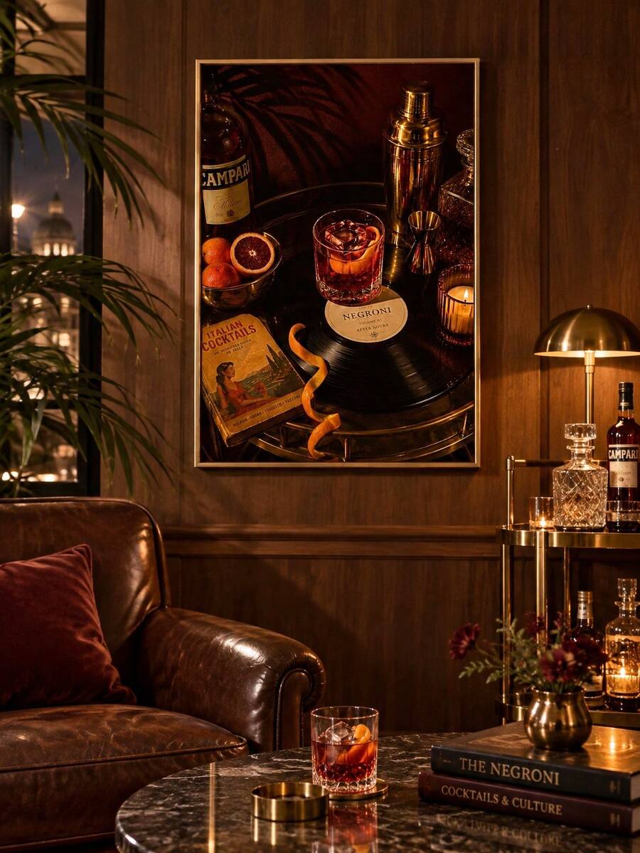 Vintage cocktail canvas poster with Negroni vinyl record shaker and Campari bottle