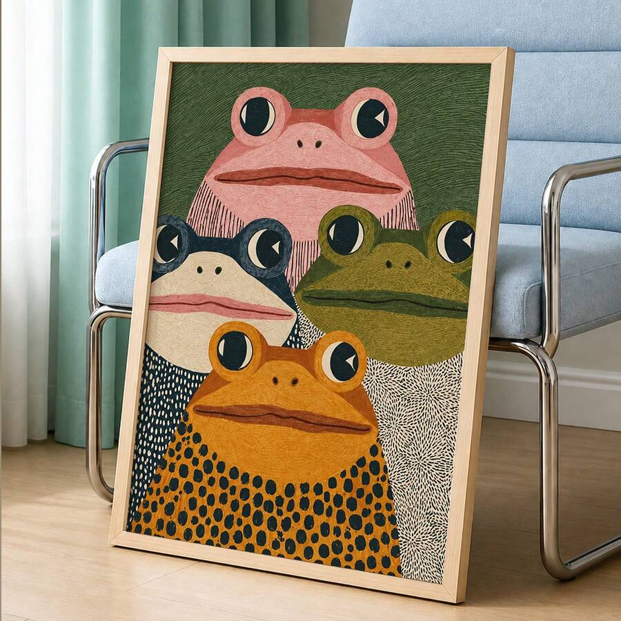 Four folk-art frogs with large dark eyes against a textured green canvas background