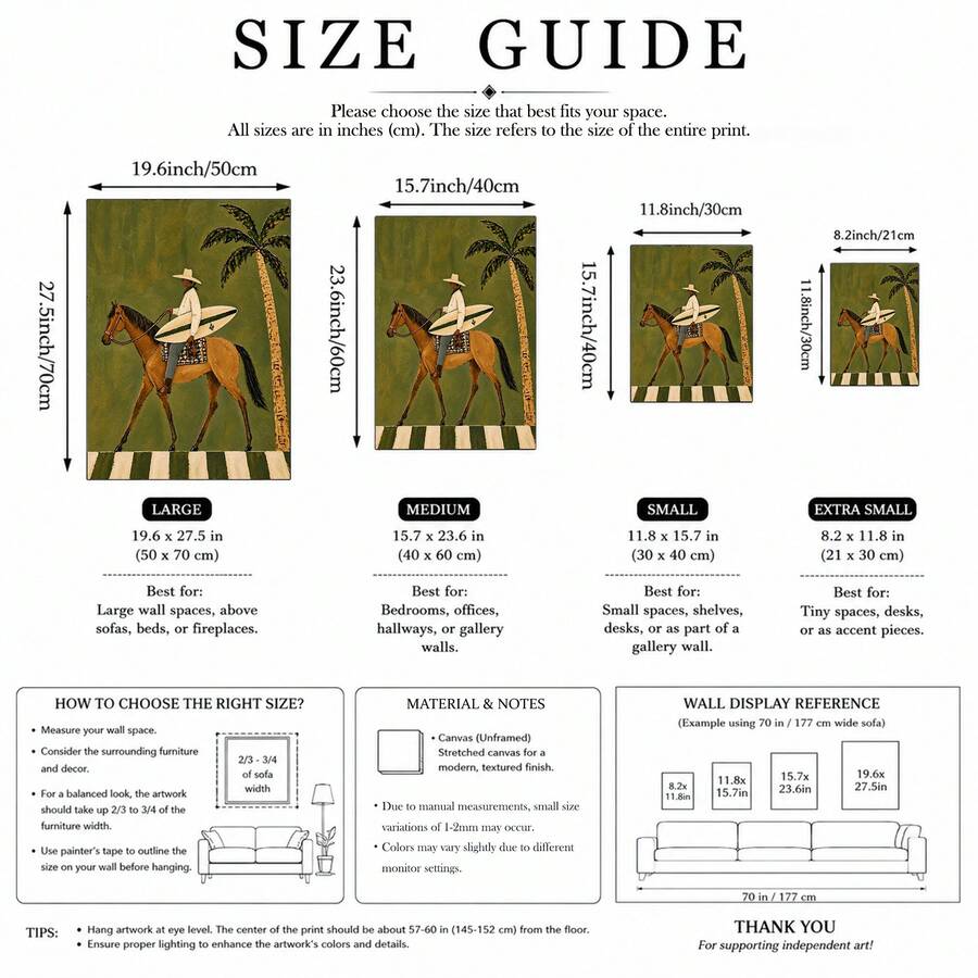 Canvas wall art size guide comparing four print dimensions from 21 by 30 to 50 by 70 centimeters