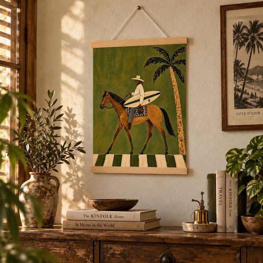 Wooden hanging scroll displaying a horse-mounted surfer and palm against olive green