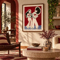 Red and cream figure canvas poster displayed in a warm living and dining space