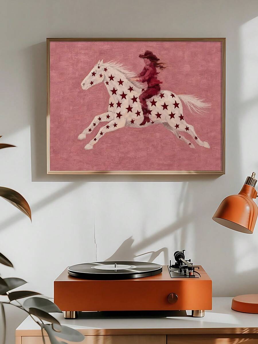 Red cowgirl silhouette reclining among pink stars on olive green, framed beside chairs