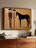 Two stylized cowboys stand beside a black horse in warm ochre folk art