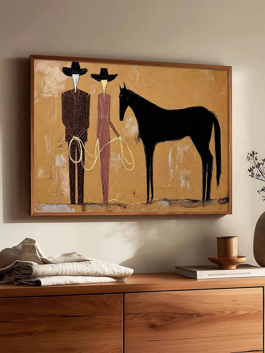 Two stylized cowboys stand beside a black horse in warm ochre folk art