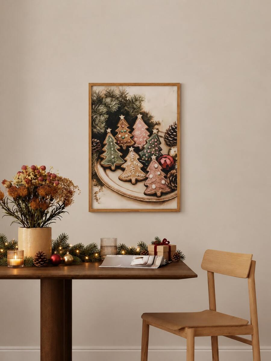 Gingerbread Christmas tree cookie print above a dining table with warm wood and holiday garland