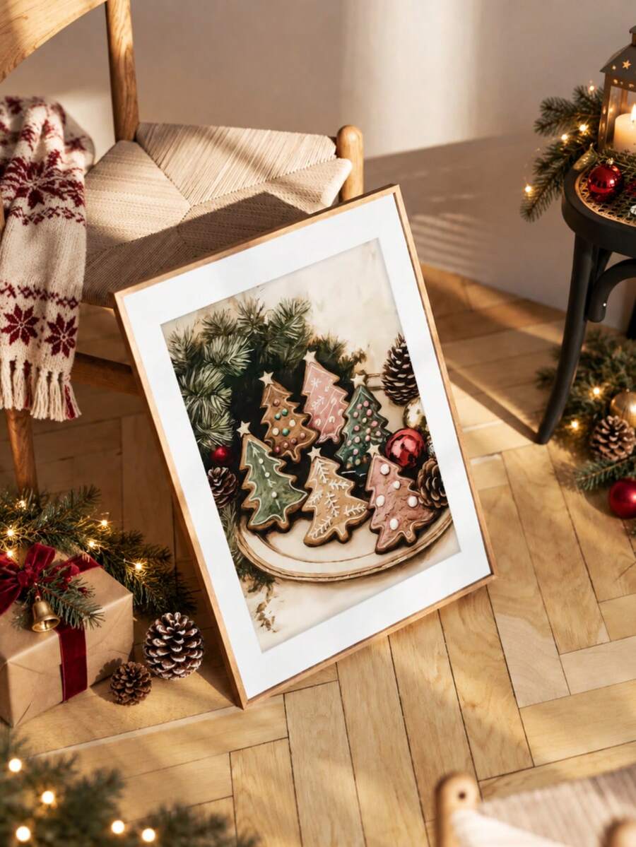Framed holiday poster of decorated gingerbread tree cookies with evergreen branches and pinecones