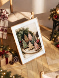 Christmas gingerbread canvas displayed by a cozy chair, gifts and softly glowing tree lights