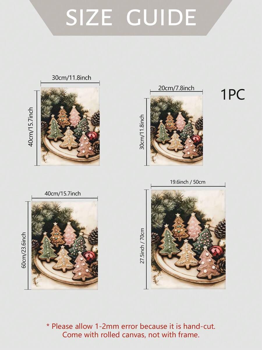 Large framed winter cookie poster displayed over a dining table with pinecones and candlelight