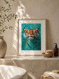 Wood framed tiger portrait displayed above a tiled bath with toiletries