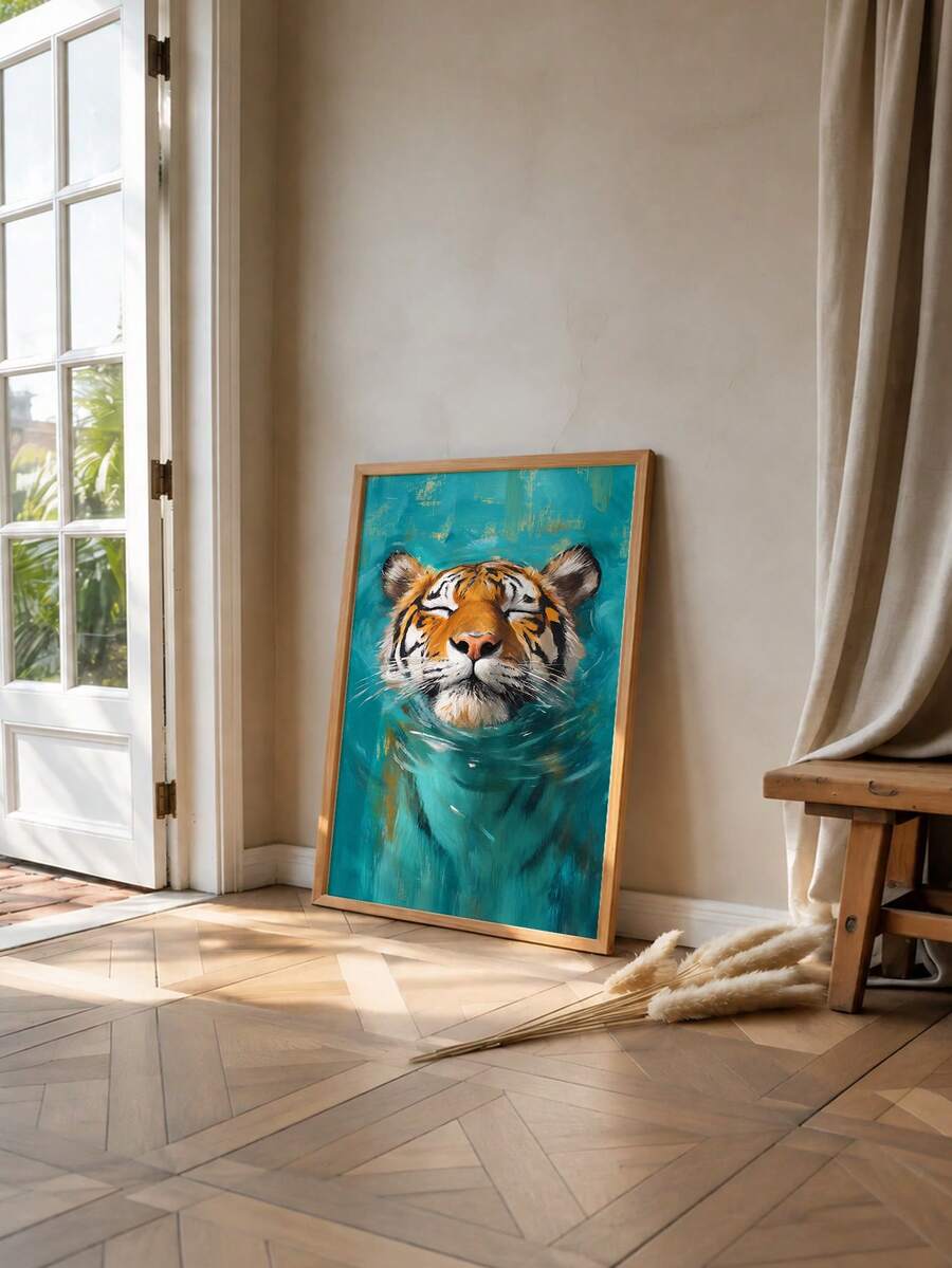 Framed orange tiger swimming in turquoise water above bathroom counter