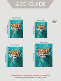 Size guide showing four canvas dimensions for the teal swimming tiger art