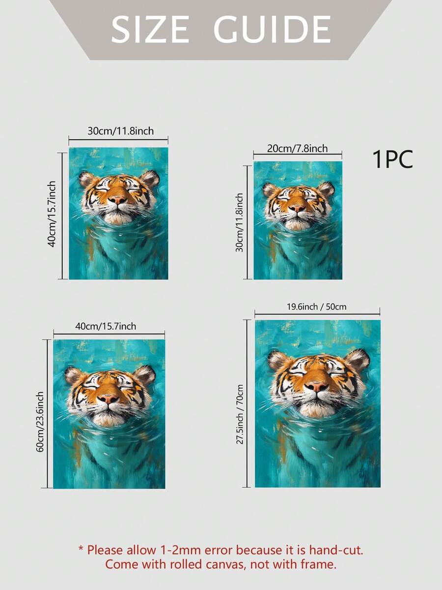 Size guide showing four canvas dimensions for the teal swimming tiger art