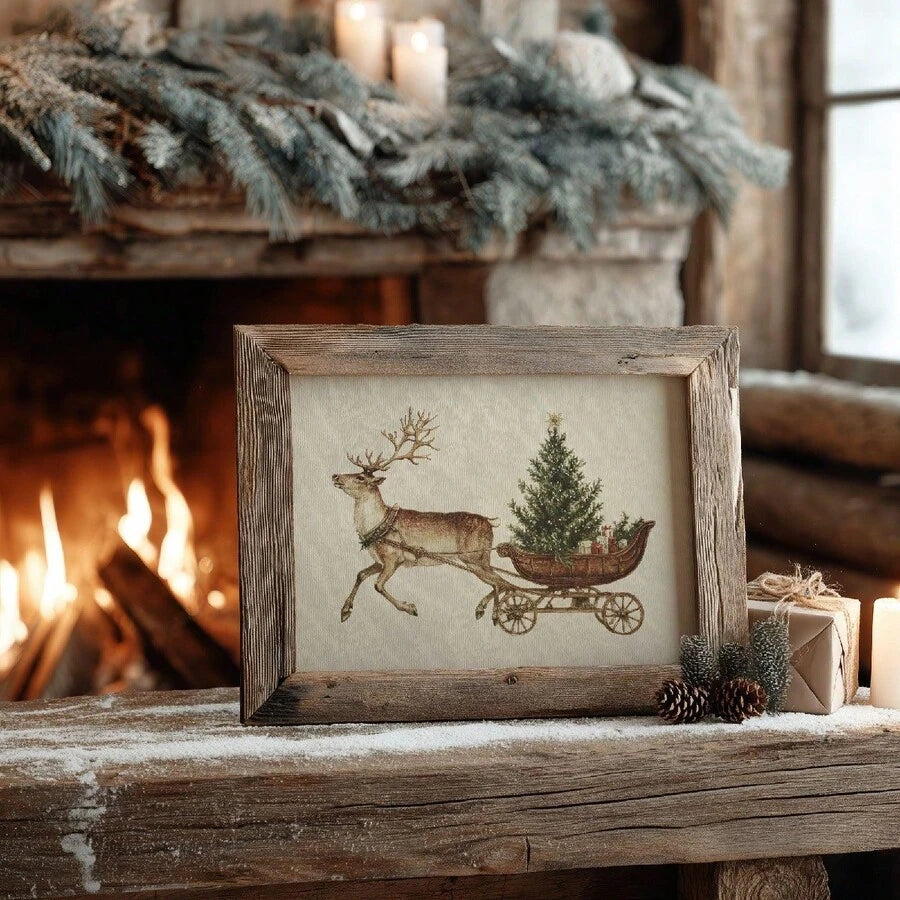 Rustic framed reindeer artwork beside a glowing fireplace and winter greenery