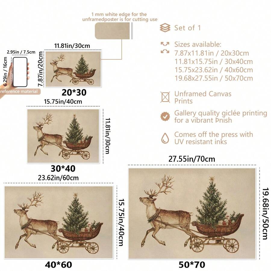 Size guide showing landscape reindeer sleigh canvas in four dimensions