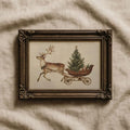 Dark ornate frame close-up around vintage Christmas reindeer sleigh artwork
