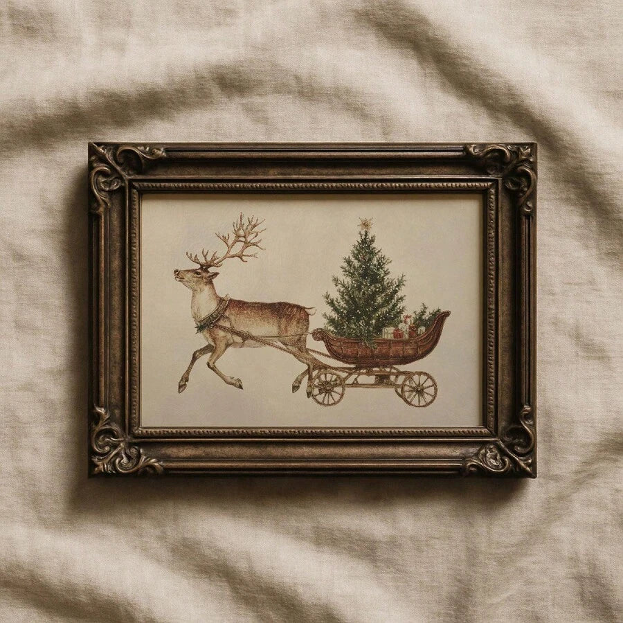Dark ornate frame close-up around vintage Christmas reindeer sleigh artwork