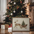 Reindeer sleigh print displayed before a lit Christmas tree and wrapped gifts