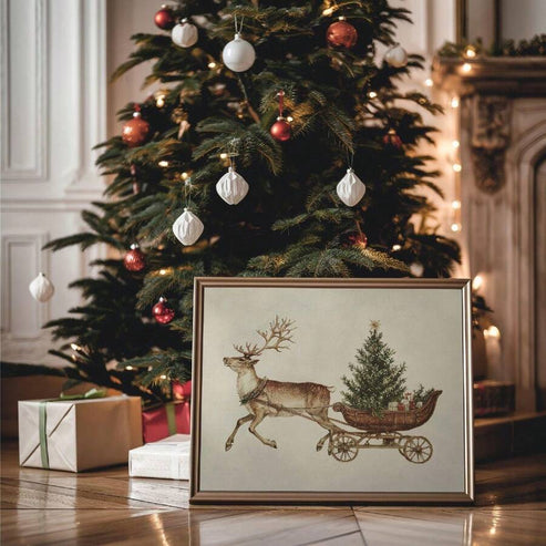 Vintage reindeer and sleigh neutral holiday canvas wall art
