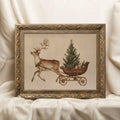 Ornate antique frame surrounding reindeer and Christmas sleigh canvas