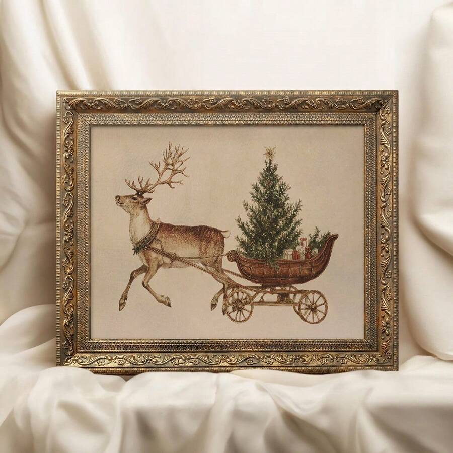 Ornate antique frame surrounding reindeer and Christmas sleigh canvas