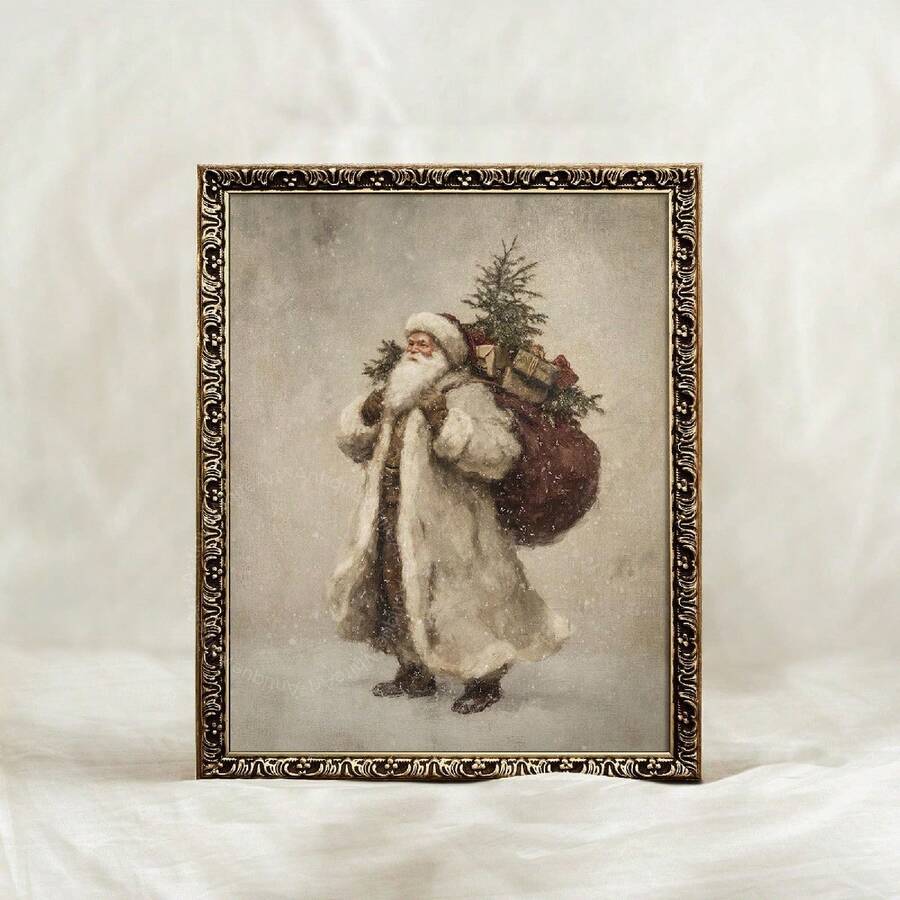 Vintage Santa Claus Carrying Gift Box Holiday Christmas Canvas Poster 